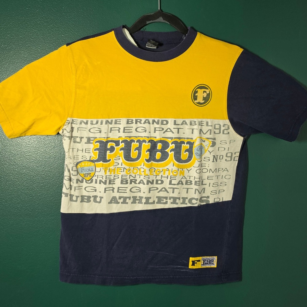 Vintage FUBU The Collection Graphic T-Shirt Navy Yellow 90s Streetwear 12/14